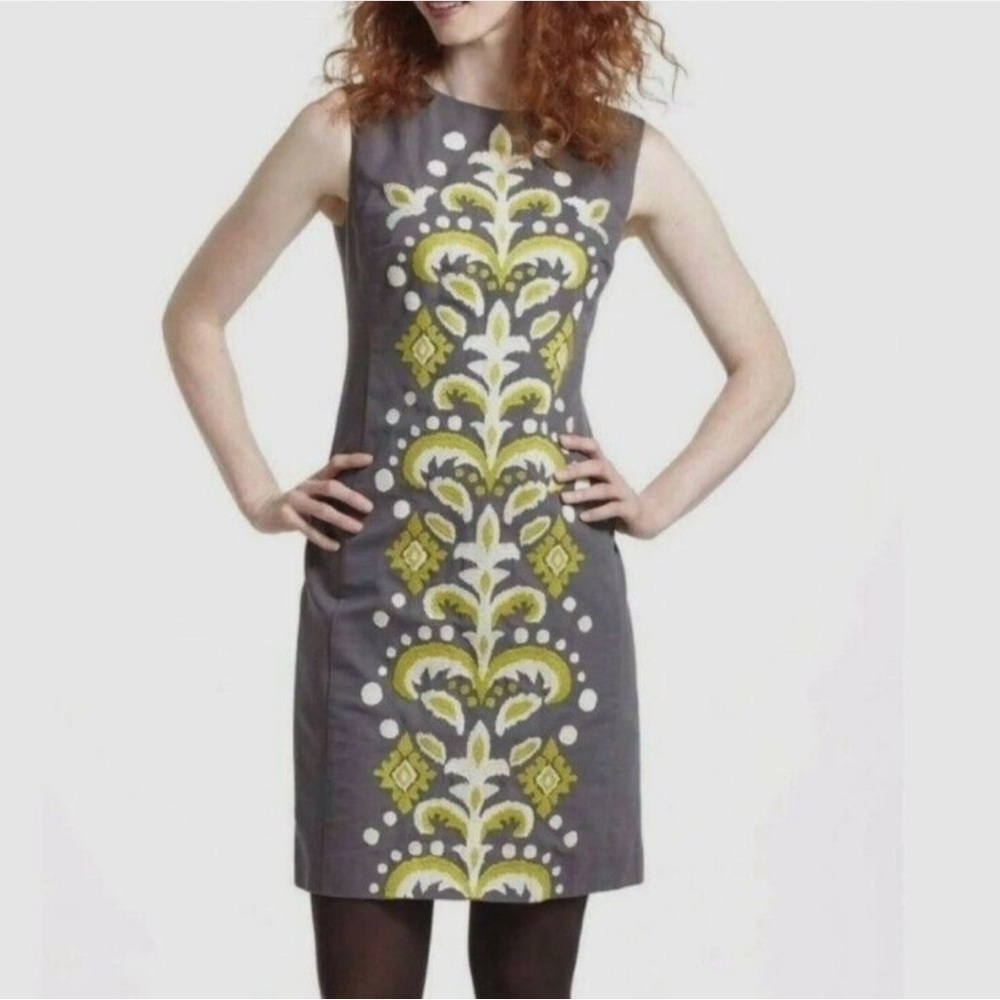 Anthropologie Tabitha Sz 2 Embroidered Sheath Dress Womens Gray Green Cream